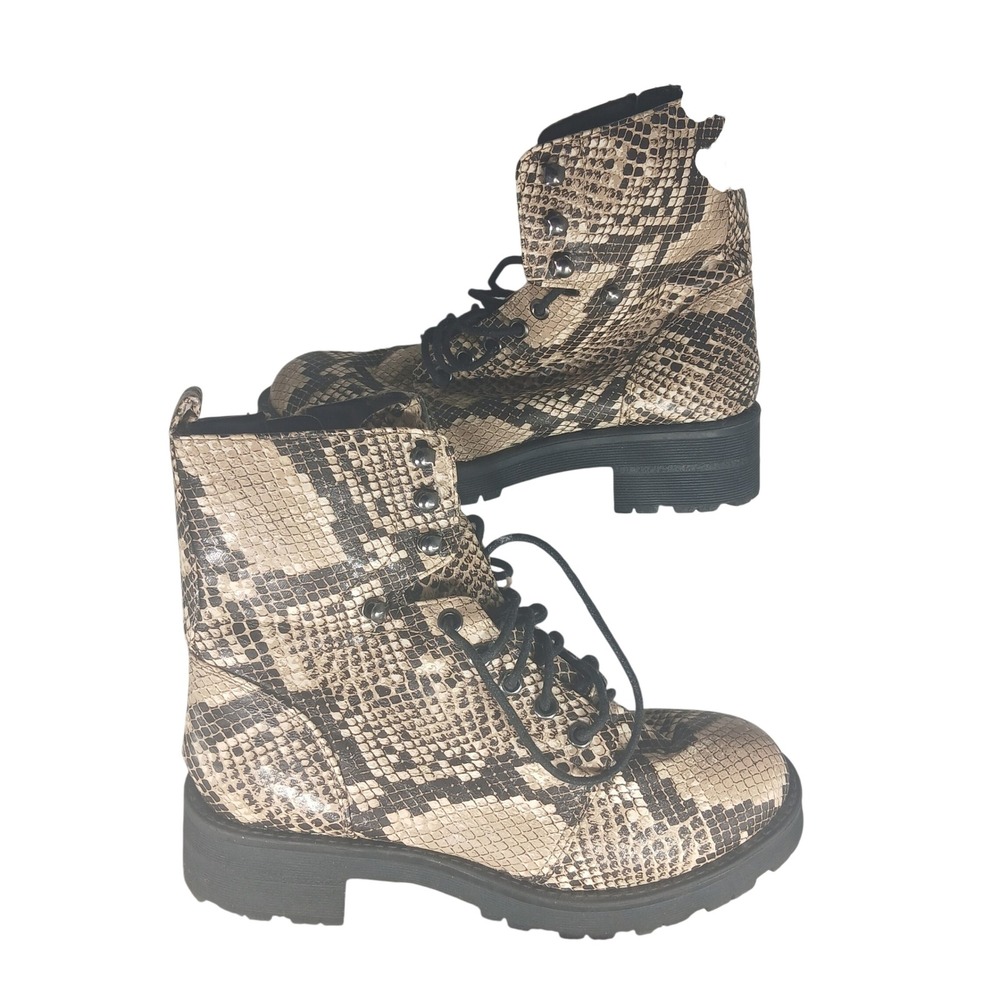 Mia Lexis-S Snakeskin Combat Boots‎ Tan Black Lace Up Side Zip Lug Sole 7M